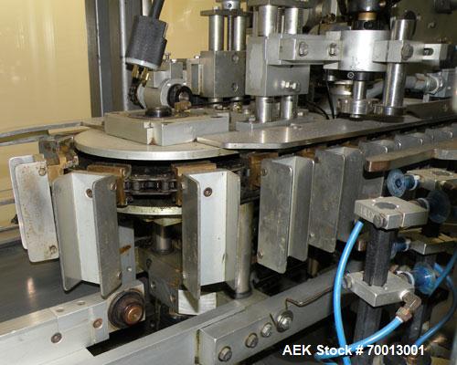 Used Tisma Vertical Cartoner, Model TC-50E. Capable of speeds to 200 cartons per minute. Currently set up with 2" x 5" x 1.5" carton pockets on 3-3/4" centers. Carton size range: Length 1” to 8.5”, w...