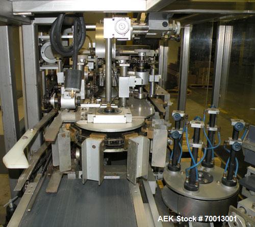 Used Tisma Vertical Cartoner, Model TC-50E. Capable of speeds to 200 cartons per minute. Currently set up with 2" x 5" x 1.5" carton pockets on 3-3/4" centers. Carton size range: Length 1” to 8.5”, w...