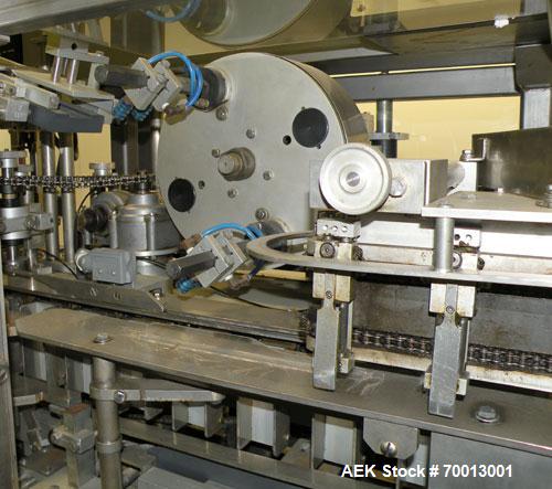 Used Tisma Vertical Cartoner, Model TC-50E. Capable of speeds to 200 cartons per minute. Currently set up with 2" x 5" x 1.5" carton pockets on 3-3/4" centers. Carton size range: Length 1” to 8.5”, w...