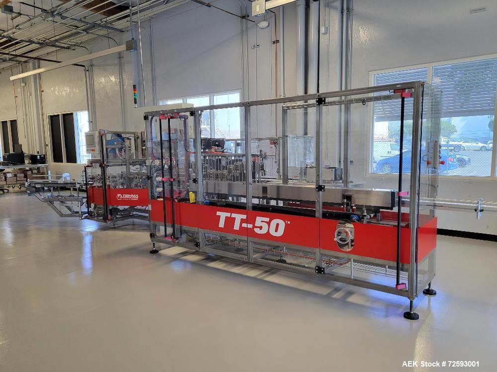 Used Tishma Model TT-50 Vertical Cartoner with Automatic Bottle Loader and Prefo