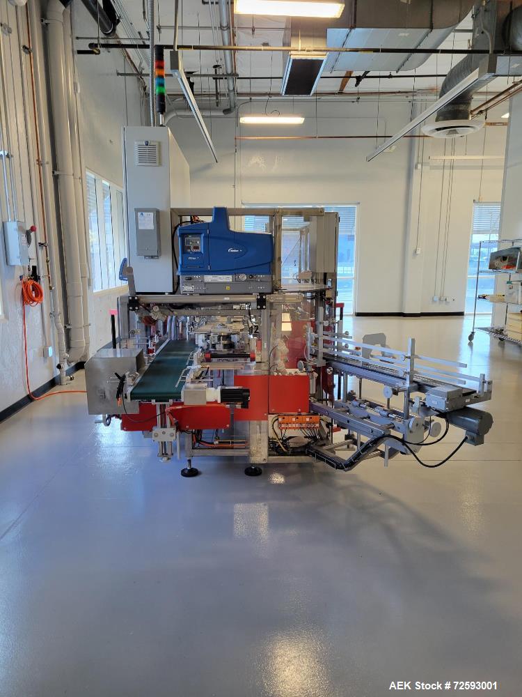 Used Tishma Model TT-50 Vertical Cartoner with Automatic Bottle Loader and Prefo