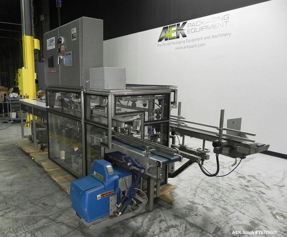 Used Tisma (SWF) VT-100-RH Vertical Cartoner with glue flap closures. Capable of speeds up to 200 cartons per minute. Unit has 7.5" centers for a carton size range: length 1" to 6.25", width .5" to 3...