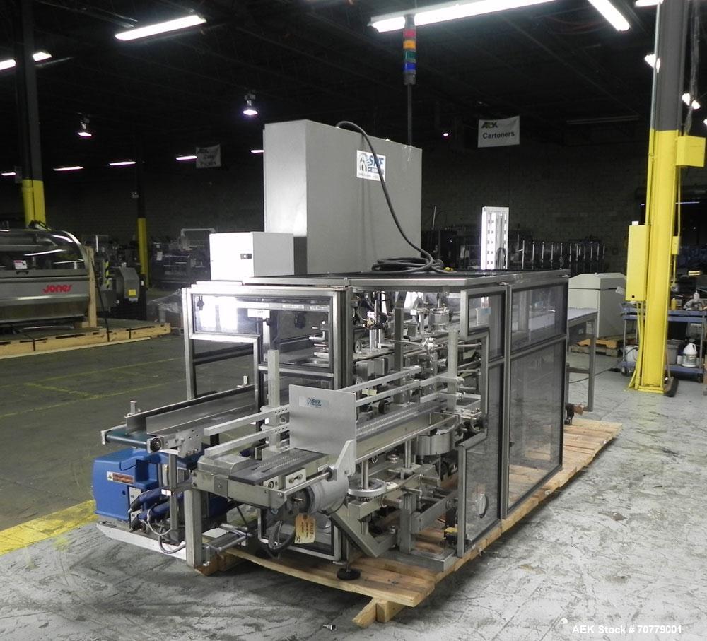 Used Tisma (SWF) VT-100-RH Vertical Cartoner with glue flap closures. Capable of speeds up to 200 cartons per minute. Unit has 7.5" centers for a carton size range: length 1" to 6.25", width .5" to 3...