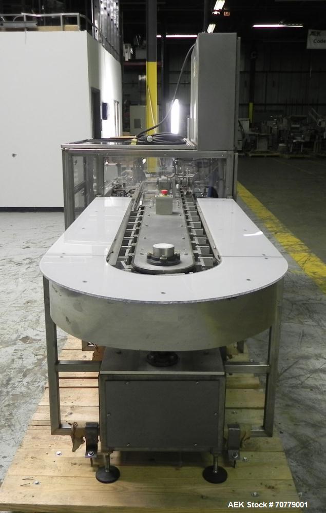 Used Tisma (SWF) VT-100-RH Vertical Cartoner with glue flap closures. Capable of speeds up to 200 cartons per minute. Unit has 7.5" centers for a carton size range: length 1" to 6.25", width .5" to 3...