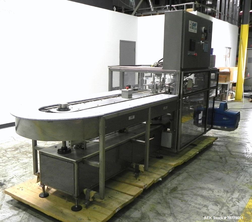 Used Tisma (SWF) VT-100-RH Vertical Cartoner with glue flap closures. Capable of speeds up to 200 cartons per minute. Unit has 7.5" centers for a carton size range: length 1" to 6.25", width .5" to 3...