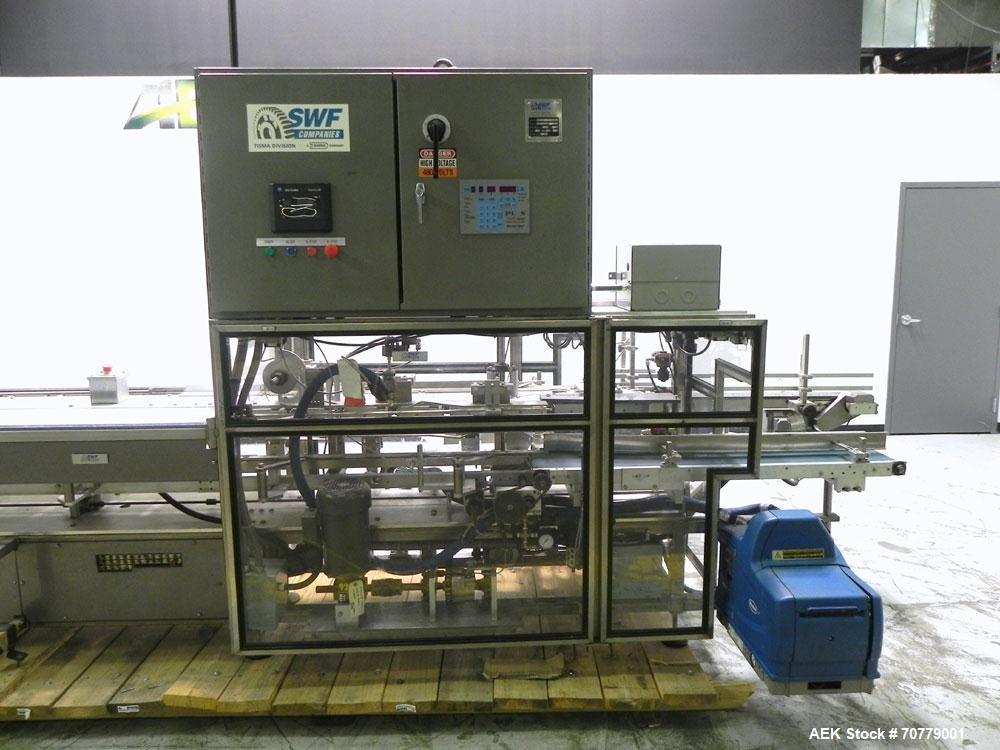 Used Tisma (SWF) VT-100-RH Vertical Cartoner with glue flap closures. Capable of speeds up to 200 cartons per minute. Unit has 7.5" centers for a carton size range: length 1" to 6.25", width .5" to 3...