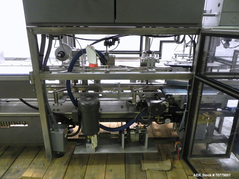 Used Tisma (SWF) VT-100-RH Vertical Cartoner with glue flap closures. Capable of speeds up to 200 cartons per minute. Unit has 7.5" centers for a carton size range: length 1" to 6.25", width .5" to 3...