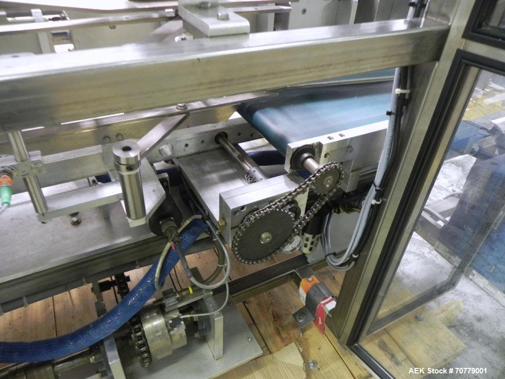 Used Tisma (SWF) VT-100-RH Vertical Cartoner with glue flap closures. Capable of speeds up to 200 cartons per minute. Unit has 7.5" centers for a carton size range: length 1" to 6.25", width .5" to 3...