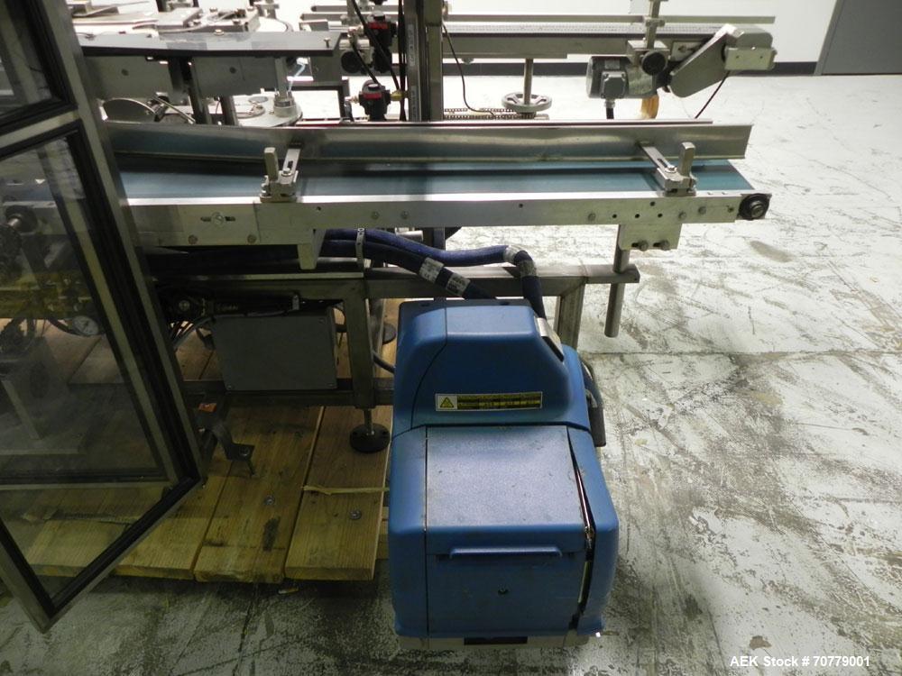 Used Tisma (SWF) VT-100-RH Vertical Cartoner with glue flap closures. Capable of speeds up to 200 cartons per minute. Unit has 7.5" centers for a carton size range: length 1" to 6.25", width .5" to 3...