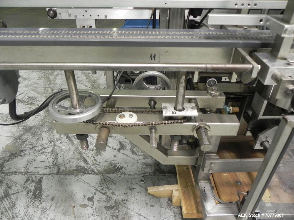 Used Tisma (SWF) VT-100-RH Vertical Cartoner with glue flap closures. Capable of speeds up to 200 cartons per minute. Unit has 7.5" centers for a carton size range: length 1" to 6.25", width .5" to 3...
