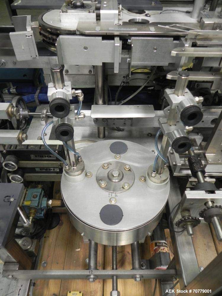Used Tisma (SWF) VT-100-RH Vertical Cartoner with glue flap closures. Capable of speeds up to 200 cartons per minute. Unit has 7.5" centers for a carton size range: length 1" to 6.25", width .5" to 3...