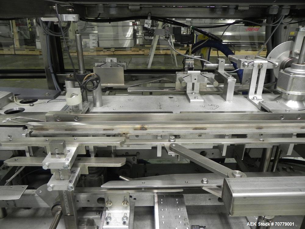 Used Tisma (SWF) VT-100-RH Vertical Cartoner with glue flap closures. Capable of speeds up to 200 cartons per minute. Unit has 7.5" centers for a carton size range: length 1" to 6.25", width .5" to 3...