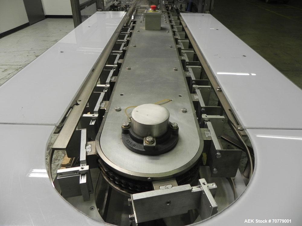 Used Tisma (SWF) VT-100-RH Vertical Cartoner with glue flap closures. Capable of speeds up to 200 cartons per minute. Unit has 7.5" centers for a carton size range: length 1" to 6.25", width .5" to 3...