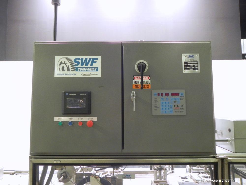 Used Tisma (SWF) VT-100-RH Vertical Cartoner with glue flap closures. Capable of speeds up to 200 cartons per minute. Unit has 7.5" centers for a carton size range: length 1" to 6.25", width .5" to 3...