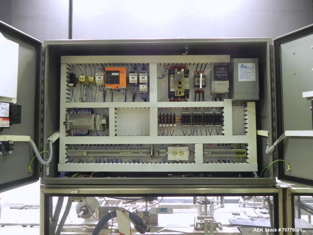 Used Tisma (SWF) VT-100-RH Vertical Cartoner with glue flap closures. Capable of speeds up to 200 cartons per minute. Unit has 7.5" centers for a carton size range: length 1" to 6.25", width .5" to 3...