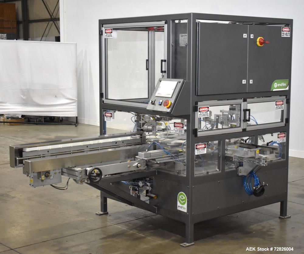 Unused- Endflex (Paxiom) Small Footprint Vertical Cartoner, Model BOXXER KARTNR. Capable of speeds up to 60 CPM (depending on application). Size range: 1" (25mm) to 4.5" (114mm) length x 1" (25mm) to...