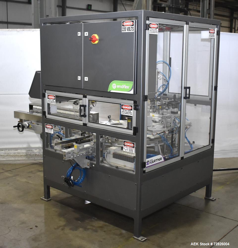 Unused- Endflex (Paxiom) Small Footprint Vertical Cartoner, Model BOXXER KARTNR. Capable of speeds up to 60 CPM (depending on application). Size range: 1" (25mm) to 4.5" (114mm) length x 1" (25mm) to...
