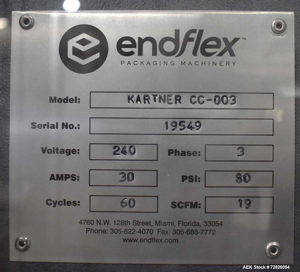 Unused- Endflex (Paxiom) Small Footprint Vertical Cartoner, Model BOXXER KARTNR. Capable of speeds up to 60 CPM (depending on application). Size range: 1" (25mm) to 4.5" (114mm) length x 1" (25mm) to...