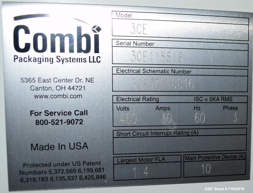 Used Combi Packaging Systems 3CE Case Erector. Includes a control panel with Allen-Bradley MicroLogix controller. 460/60/3, 30 amp. Serial# 3CE118816.