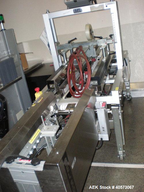 Used Belcor 505 semi automatic case erector with integrated Belcor 252 automatic top and bottom case taper sealer. Speeds up to 15 cpm. Erector size range: length 8" to 26.5", width 6" to 16", height...