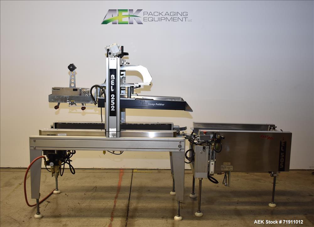 Used Belcor 505 semi-automatic case erector with integrated Belcor 252 automatic top and bottom case taper sealer. Speeds up to 15 cpm. Erector size range: length 8" to 26.5", width 6" to 16", height...