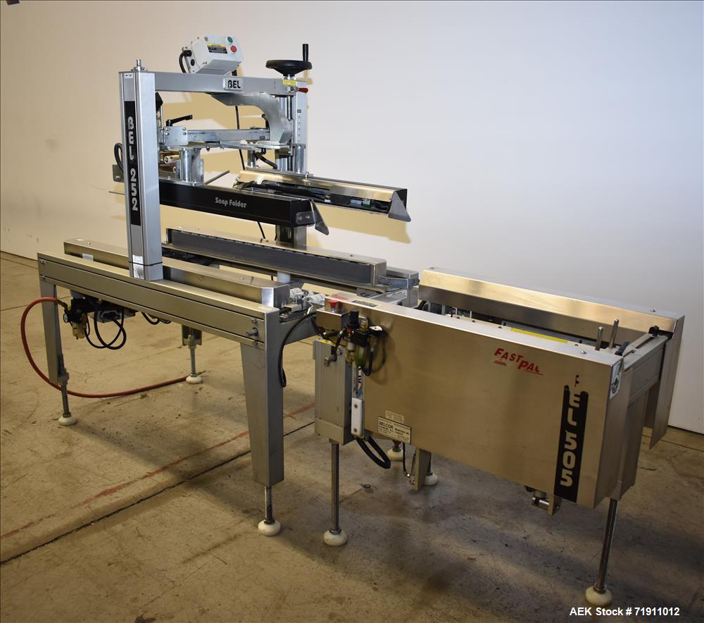 Used Belcor 505 semi-automatic case erector with integrated Belcor 252 automatic top and bottom case taper sealer. Speeds up to 15 cpm. Erector size range: length 8" to 26.5", width 6" to 16", height...