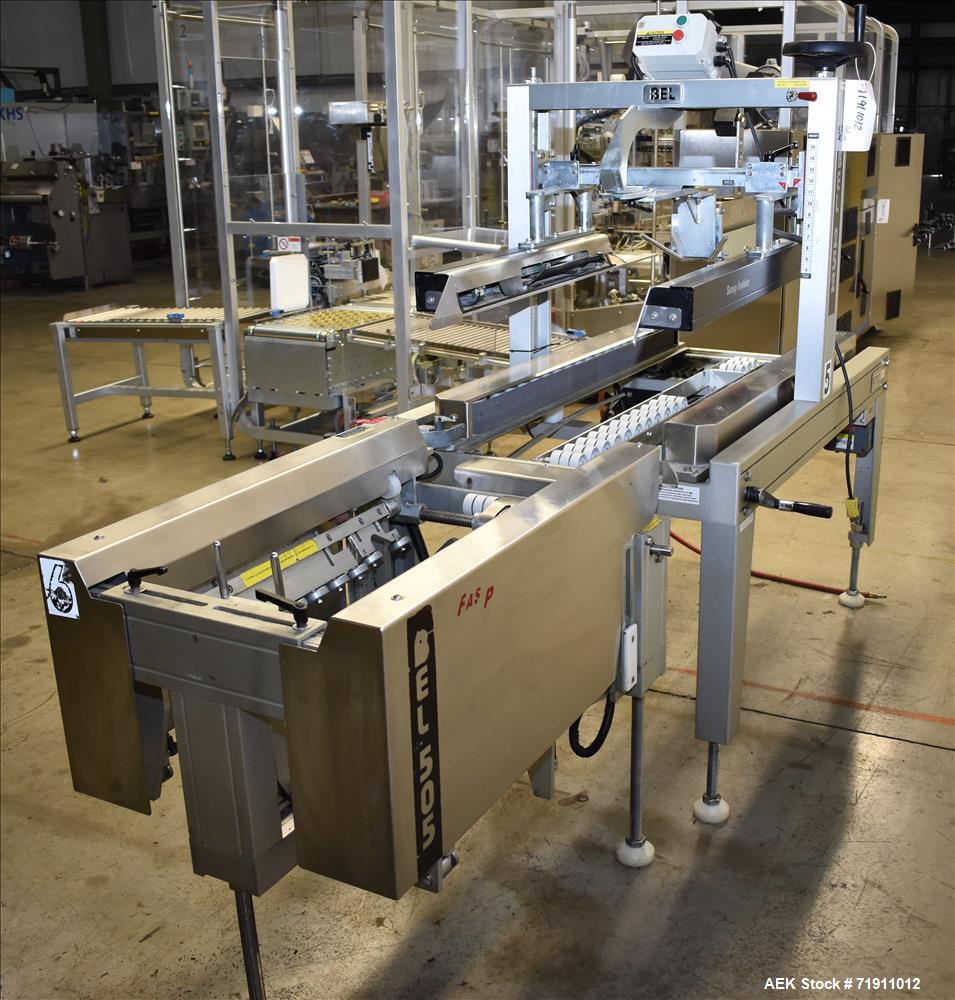 Used Belcor 505 semi-automatic case erector with integrated Belcor 252 automatic top and bottom case taper sealer. Speeds up to 15 cpm. Erector size range: length 8" to 26.5", width 6" to 16", height...