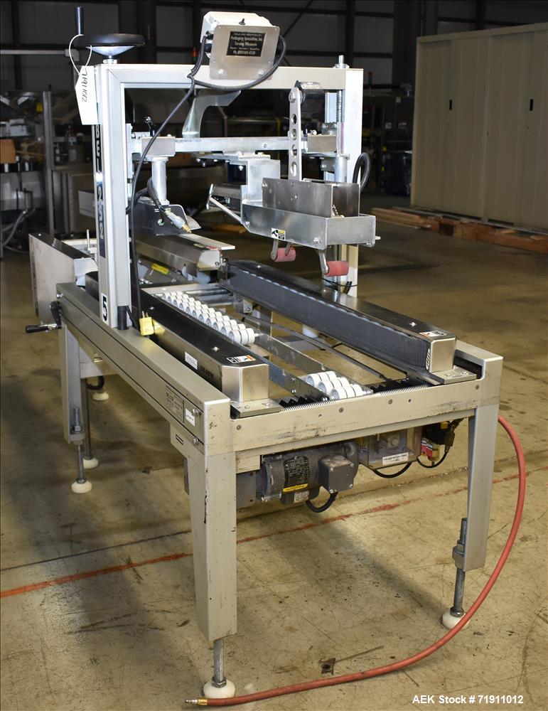 Used Belcor 505 semi-automatic case erector with integrated Belcor 252 automatic top and bottom case taper sealer. Speeds up to 15 cpm. Erector size range: length 8" to 26.5", width 6" to 16", height...