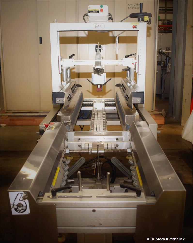 Used Belcor 505 semi-automatic case erector with integrated Belcor 252 automatic top and bottom case taper sealer. Speeds up to 15 cpm. Erector size range: length 8" to 26.5", width 6" to 16", height...