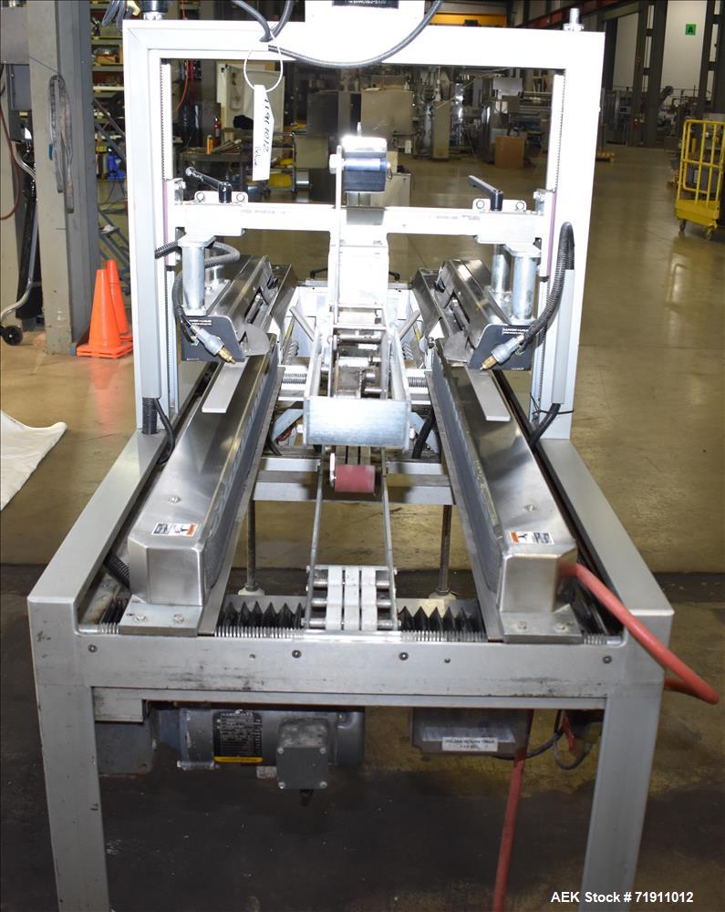 Used Belcor 505 semi-automatic case erector with integrated Belcor 252 automatic top and bottom case taper sealer. Speeds up to 15 cpm. Erector size range: length 8" to 26.5", width 6" to 16", height...