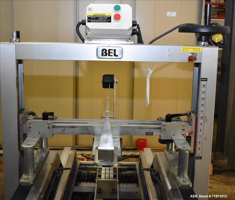 Used Belcor 505 semi-automatic case erector with integrated Belcor 252 automatic top and bottom case taper sealer. Speeds up to 15 cpm. Erector size range: length 8" to 26.5", width 6" to 16", height...