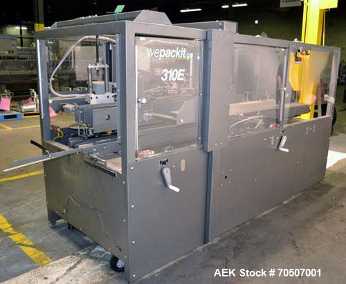 Used Wepackit Model 310E Mid-Speed Case Erector. Capable of up to 15 cases per minute. Approximate case size range:length 6’’ to 24’’, width 5.5’’ to 18", depth 4.5’’ to 20’’.Maximum knock-down lengt...