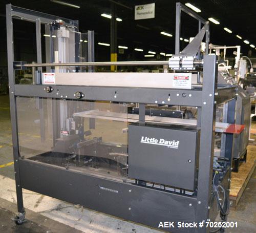 Used Little David CF20T Case erector & Bottom Taper. Capable of 6 cases per minute. Case size range: (Length) 6"-16" (Width) 6"-12" (Height) 4"-12". Allen-Bradley PLC controls. Tape Specifications: A...