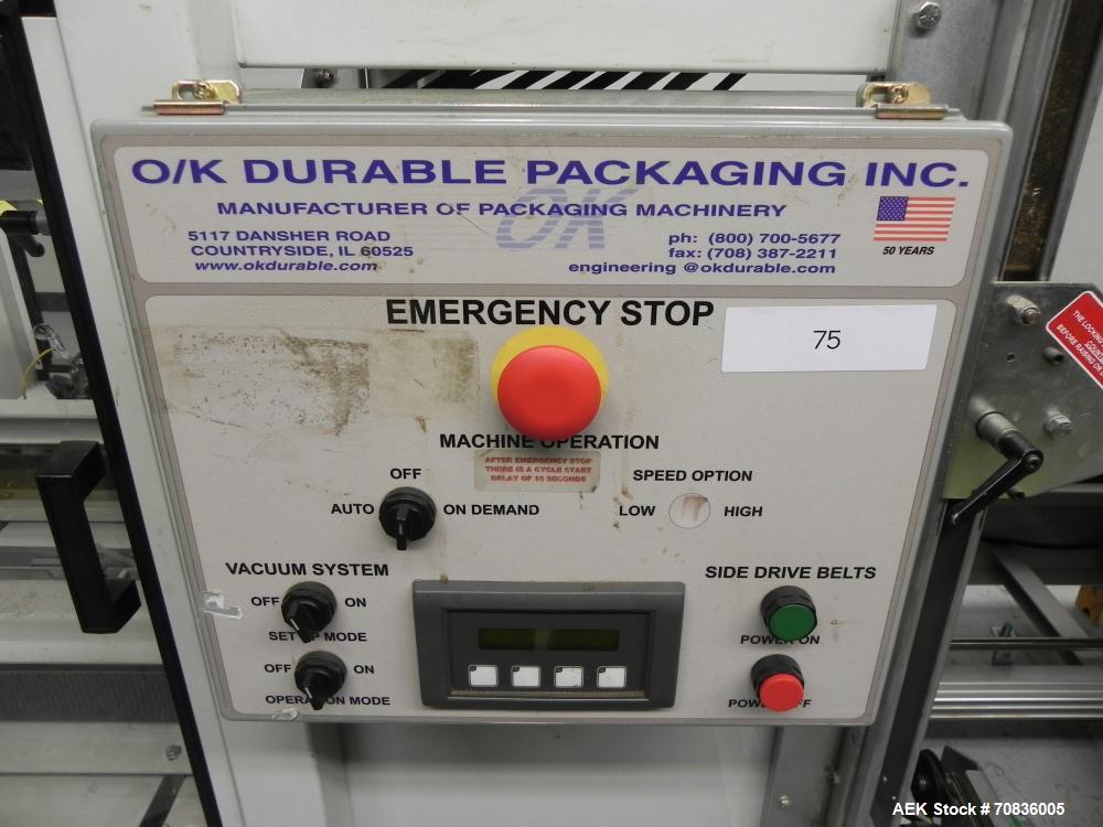 Used OK International Model Duraformer 2 Automatic Case Erector and Bottom Taper. Machine is capable of speeds up to 18 cases per minute. Case size range: (Length) 7" - 20" (Width) 6" - 16" (Height) ...