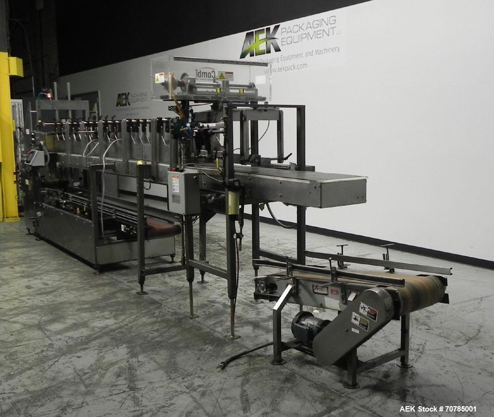 Used Combi Packaging Systems Model DPI Drop Case Packer. Has a model 2LD128 laner option. Capable of speeds up to 28 cases per minute. Has a case size range: (length) 4.5" - 24" (width) 4.5" - 16" (h...
