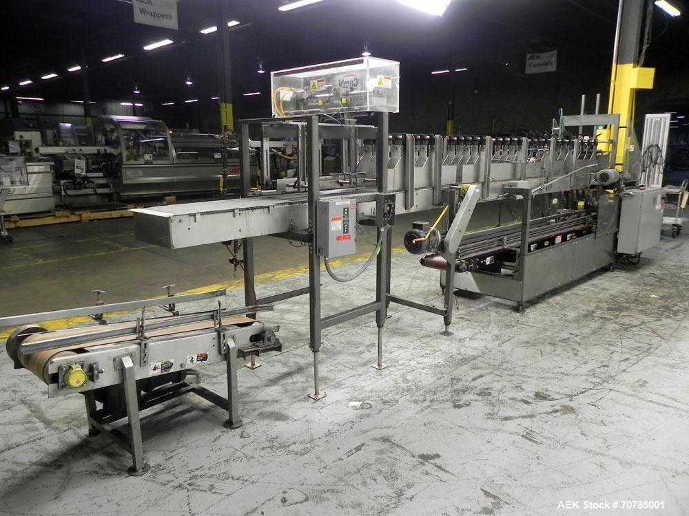 Used Combi Packaging Systems Model DPI Drop Case Packer. Has a model 2LD128 laner option. Capable of speeds up to 28 cases per minute. Has a case size range: (length) 4.5" - 24" (width) 4.5" - 16" (h...