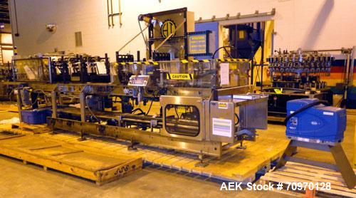 Used Hartness 825-AT automatic stainless steel drop case packer case packer capable of speeds up to 35 cases per minute (depending on product and application). Case size range: (Length) 6" - 24" (Wid...