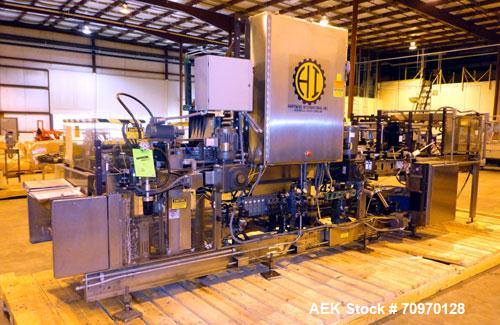 Used Hartness 825-AT automatic stainless steel drop case packer case packer capable of speeds up to 35 cases per minute (depending on product and application). Case size range: (Length) 6" - 24" (Wid...