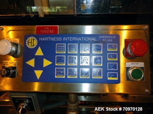 Used Hartness 825-AT automatic stainless steel drop case packer case packer capable of speeds up to 35 cases per minute (depending on product and application). Case size range: (Length) 6" - 24" (Wid...