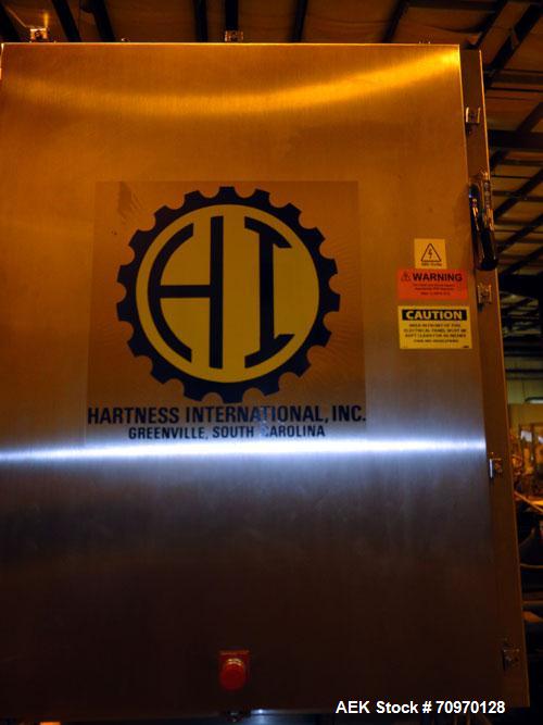 Used Hartness 825-AT automatic stainless steel drop case packer case packer capable of speeds up to 35 cases per minute (depending on product and application). Case size range: (Length) 6" - 24" (Wid...