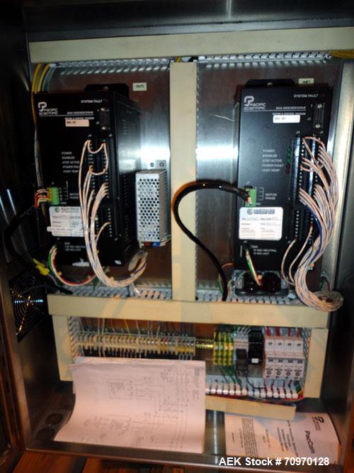 Used Hartness 825-AT automatic stainless steel drop case packer case packer capable of speeds up to 35 cases per minute (depending on product and application). Case size range: (Length) 6" - 24" (Wid...