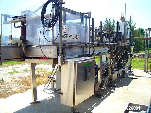 Used Hartness Model 825 Fully Auto Case Packer with all stainless steel frame.Unit has been recently upgraded from factory with Parker drives for auto-laner.Panel is complete with AB 503 PLC controll...