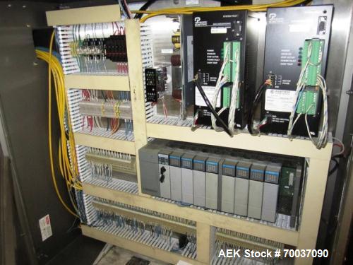 Used Hartness Case Packer with Infeed Laner, Model CP900/825. Servo controlled lowering head drop packer capable of speeds up to 30cpm. Allen Bradley SLC 5/04 PLC with Pacific Scientific servo contro...