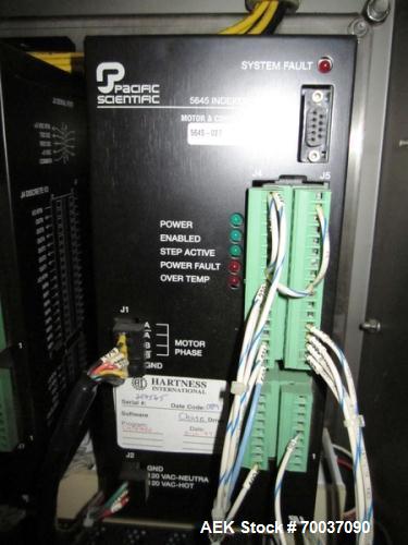 Used Hartness Case Packer with Infeed Laner, Model CP900/825. Servo controlled lowering head drop packer capable of speeds up to 30cpm. Allen Bradley SLC 5/04 PLC with Pacific Scientific servo contro...