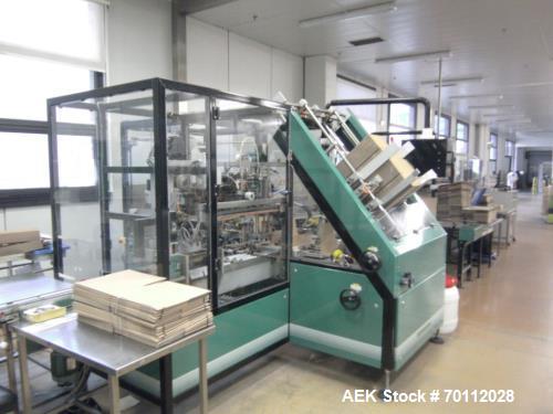 Used Ixapack Case Packer, Model Vendor IX MANU. Speeds up to 60 cases per minute. Last used for aerosol can application, format of aerosols previous packed: 6 x 65mm diameter x 195mm long aerosol can...