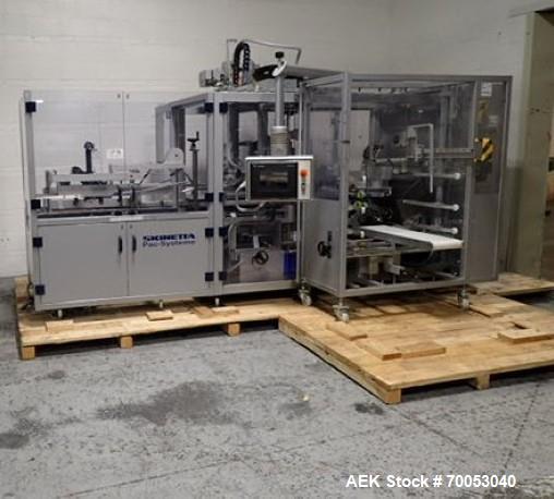 Used Skinetta Top Loading Case Erector Packer, Model CP 150. Servo driven loading head, with powered case feeder and case erector. Integrated top and bottom case taper. Includes controls. 3/60/480 Vo...