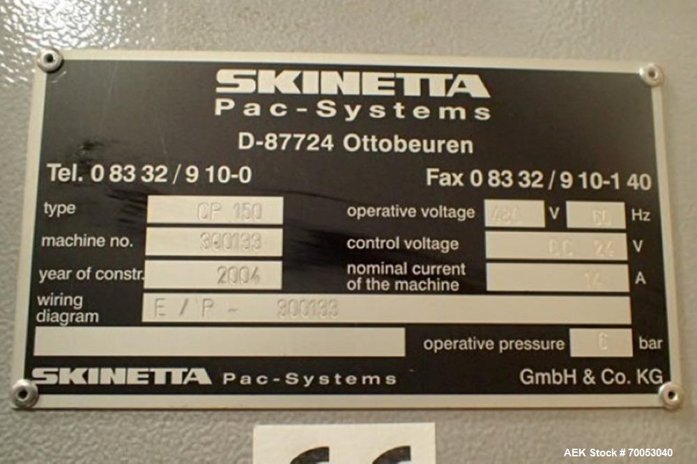 Used Skinetta Top Loading Case Erector Packer, Model CP 150. Servo driven loading head, with powered case feeder and case erector. Integrated top and bottom case taper. Includes controls. 3/60/480 Vo...