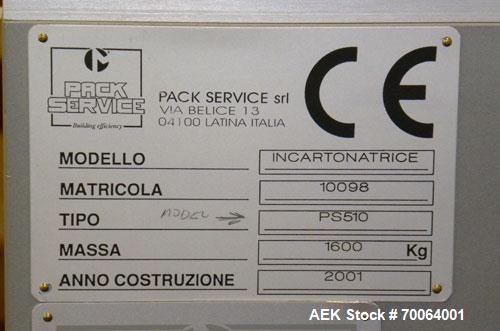Used Marchesini/Pack Service Automatic Case Erector/Packer/Tape Sealer, Model PS510. Rated up to 13 cases and 300 cartons per minute (depending on case size and pack pattern). Case Size Range: 5.6" -...