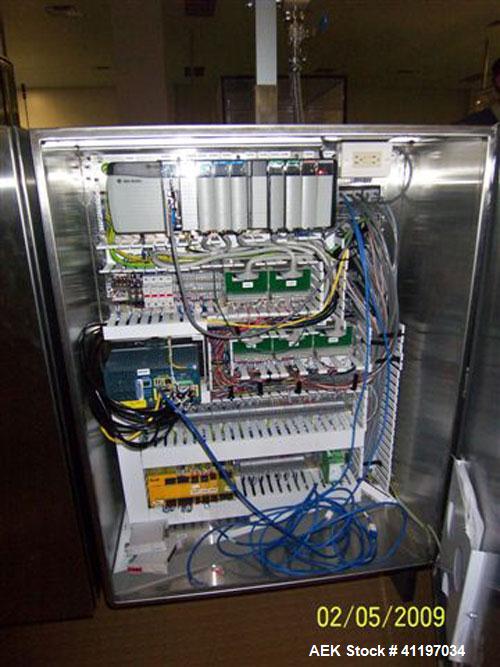 Used Cermex Sidel model SD59 top loading case packer capable of speeds up to 28 case per minute. Has automatic collation, AB PLC controls, tape seal system.