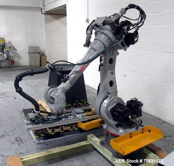 Used Motoman Robot Packaging Robotic Case Packaging System. Consisting of Motoman robotic arm, model MPL80, 5-point articulation with 80 kg max capacity serial# S06A62-1-2, with pallet conveyors and ...